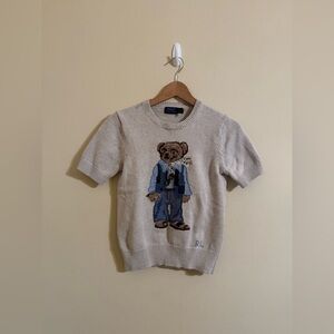 Polo Ralph Lauren Bear Sweater Pullover Knit Short Sleeve Beige Small